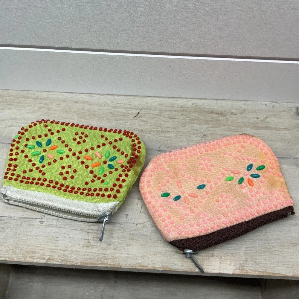 Vintage Beaded Coin Purse Set Lime Green Peach Floral Mid Century Retro Pouch